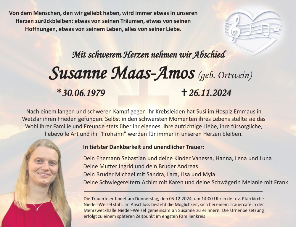  Traueranzeige für Susanne Maas-Amos vom 30.11.2024 aus Butzbacher Zeitung, Wetterauer Zeitung