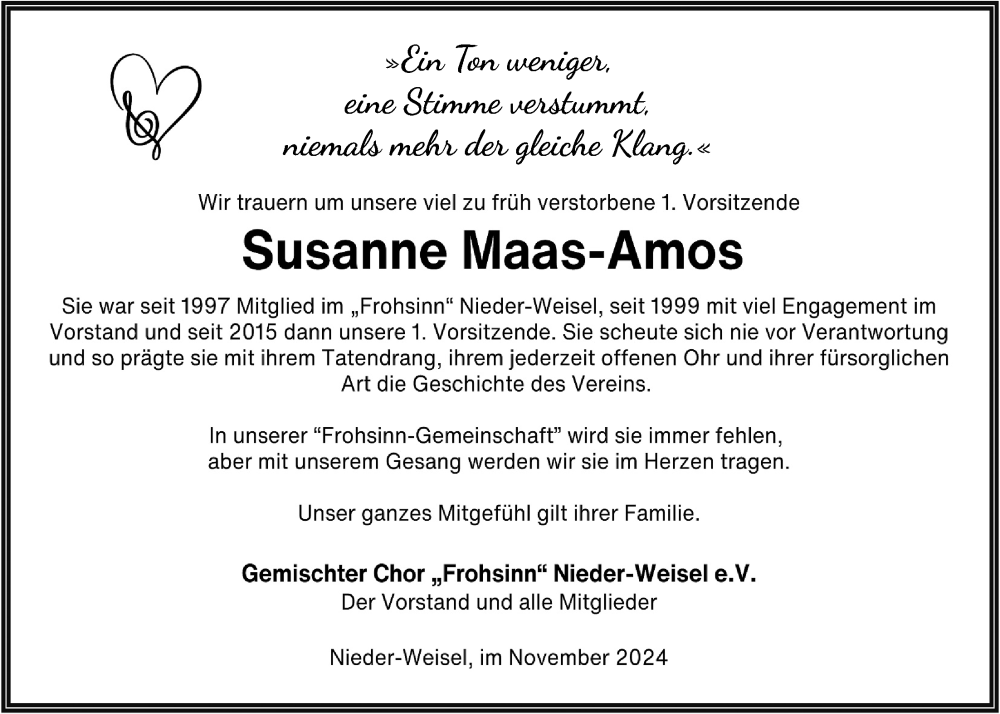  Traueranzeige für Susanne Maas-Amos vom 30.11.2024 aus Butzbacher Zeitung, Wetterauer Zeitung