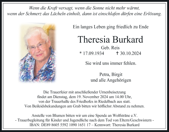 Traueranzeige von Theresia Burkhard von Usinger Anzeigenblatt, Usinger Anzeiger