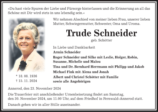 Traueranzeige von Trude Schneider von Giessener Allgemeine, Alsfelder Allgemeine, Giessener Anzeiger