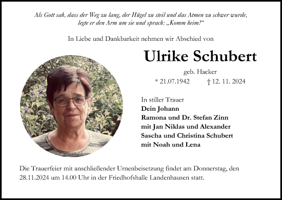 Traueranzeige von Ulrike Schubert von Lauterbacher Anzeiger