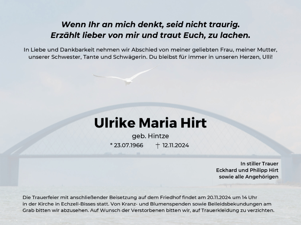  Traueranzeige für Ulrike Maria Hirt vom 16.11.2024 aus Wetterauer Zeitung