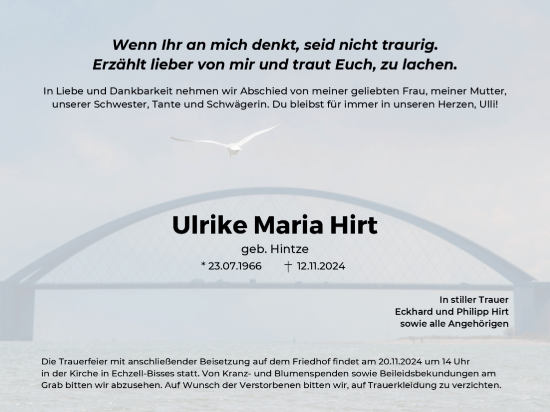 Traueranzeige von Ulrike Maria Hirt von Wetterauer Zeitung