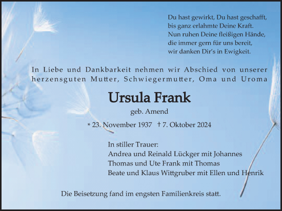 Traueranzeige von Ursula Frank von Butzbacher Zeitung