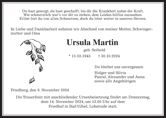 Traueranzeige von Ursula Martin von Bad Vilbel/Karben