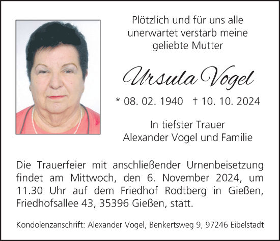 Traueranzeige von Ursula Vogel von Giessener Allgemeine, Alsfelder Allgemeine