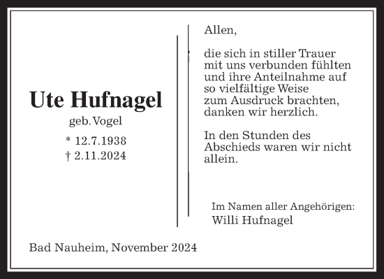 Traueranzeige von Ute Hufnagel von Wetterauer Zeitung