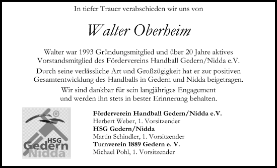 Traueranzeige von Walter Oberheim von Kreis-Anzeiger