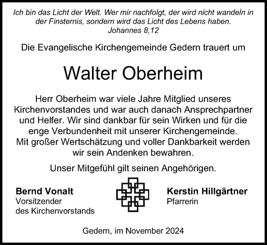 Traueranzeige von Walter Oberheim von Kreis-Anzeiger