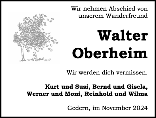 Traueranzeige von Walter Oberheim von Kreis-Anzeiger