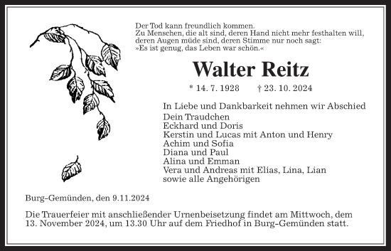 Traueranzeige von Walter Reitz von Alsfelder Allgemeine, Oberhessische Zeitung