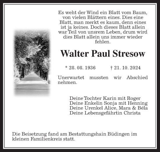 Traueranzeige von Walter Paul Stresow von Kreis-Anzeiger