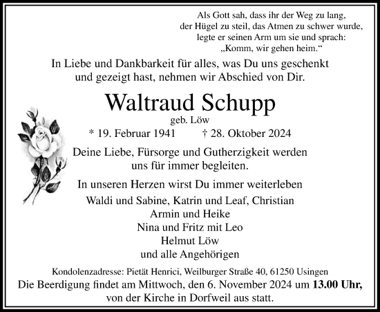 Traueranzeige von Waltraud Schupp von Usinger Anzeiger
