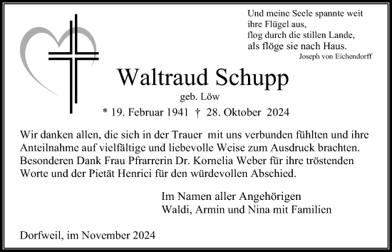 Traueranzeige von Waltraud Schupp von Usinger Anzeiger, Usinger Anzeigenblatt