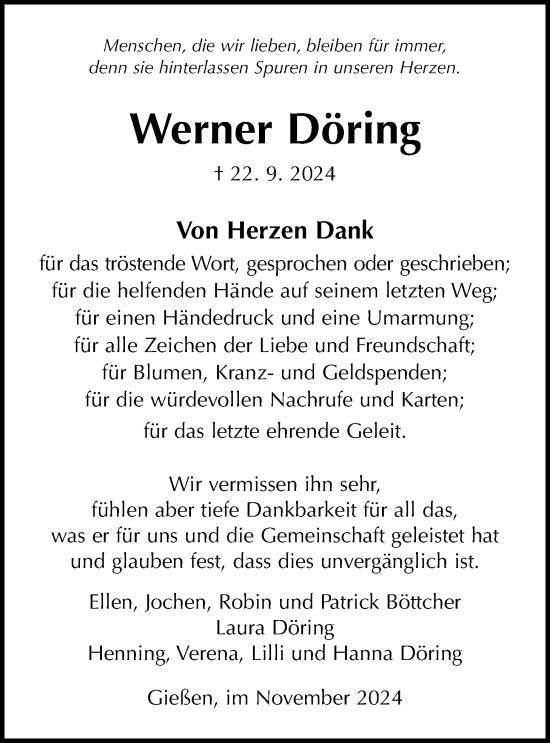 Traueranzeige von Werner Döring von Giessener Anzeiger, Giessener Allgemeine, Alsfelder Allgemeine