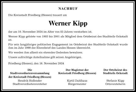 Traueranzeige von Werner Kipp von Wetterauer Zeitung