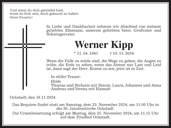 Traueranzeige von Werner Kipp von Wetterauer Zeitung