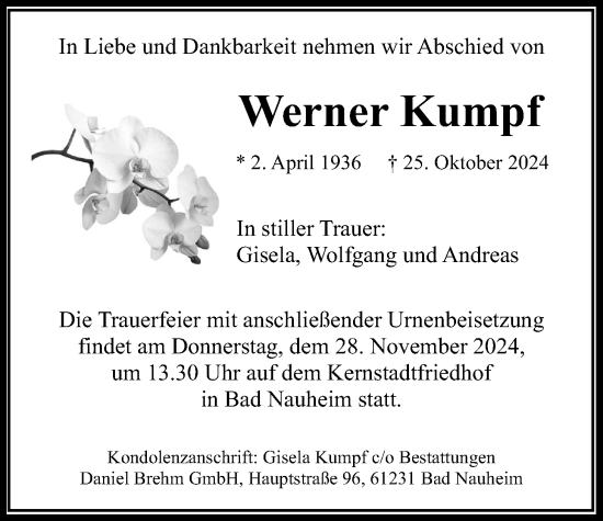 Traueranzeige von Werner Kumpf von Wetterauer Zeitung