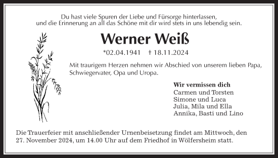 Traueranzeige von Werner Weiß von Wetterauer Zeitung