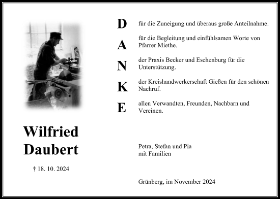 Traueranzeige von Wilfried Daubert von Giessener Allgemeine, Alsfelder Allgemeine