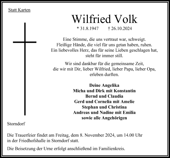 Traueranzeige von Wilfried Volk von Oberhessische Zeitung