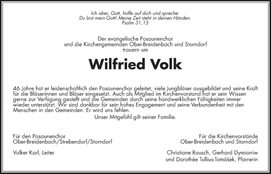 Traueranzeige von Wilfried Volk von Oberhessische Zeitung