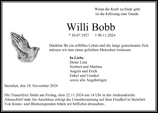 Traueranzeige von Willi Bobb von Lauterbacher Anzeiger