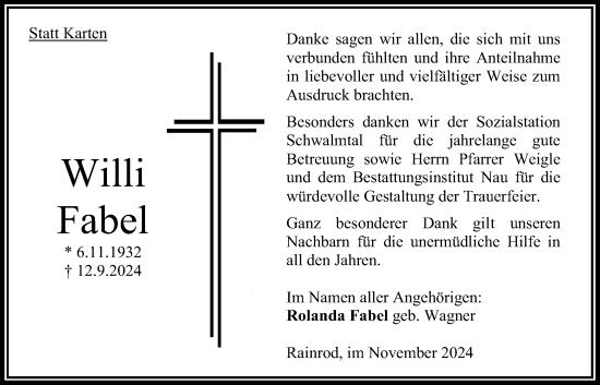 Traueranzeige von Willi Fabel von Oberhessische Zeitung