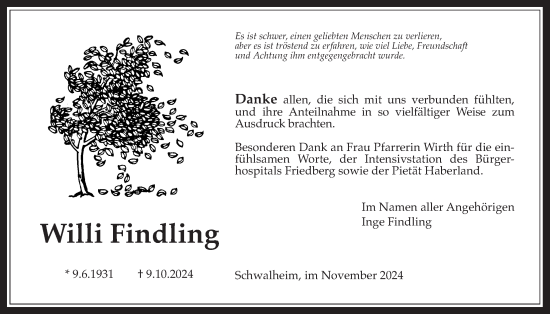 Traueranzeige von Willi Findling von Wetterauer Zeitung