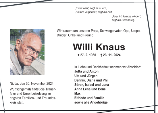 Traueranzeige von Willi Knaus von Kreis-Anzeiger