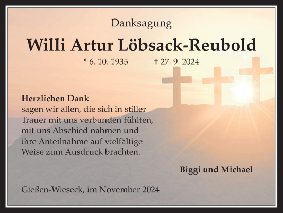 Traueranzeige von Willi Artur Löbsack-Reubold von Giessener Anzeiger, Giessener Allgemeine, Alsfelder Allgemeine