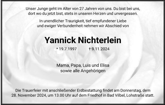 Traueranzeige von Yannick Nichterlein von Bad Vilbel/Karben