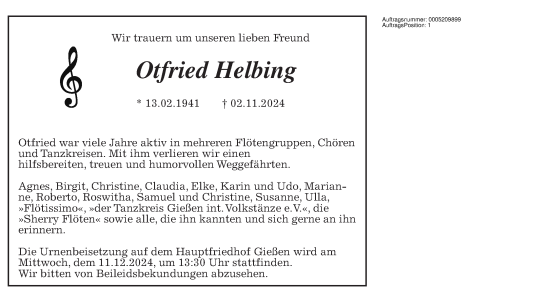 Traueranzeige von Otfried Helbing  