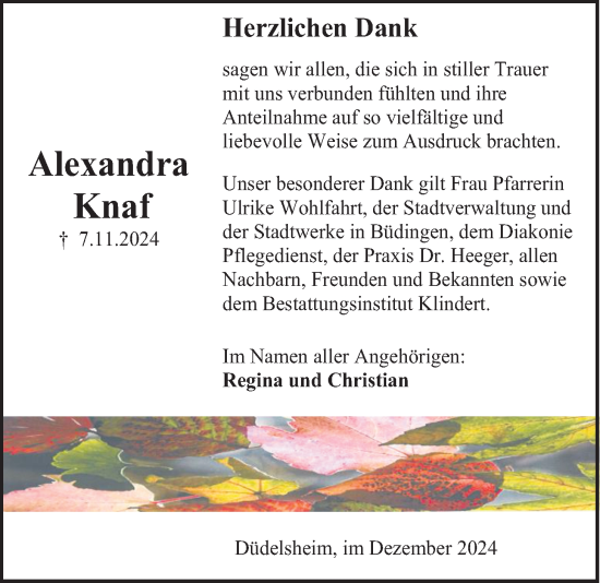 Traueranzeige von Alexandra Knaf von Kreis-Anzeiger