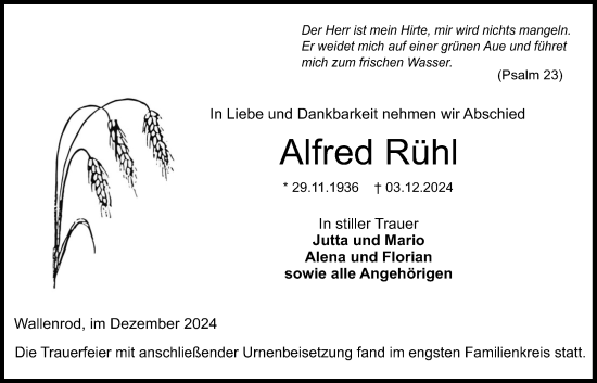Traueranzeige von Alfred Rühl von Lauterbacher Anzeiger