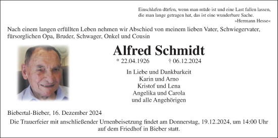 Traueranzeige von Alfred Schmidt von Giessener Allgemeine, Alsfelder Allgemeine