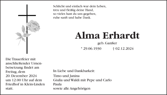 Traueranzeige von Alma Erhardt von Giessener Allgemeine, Alsfelder Allgemeine