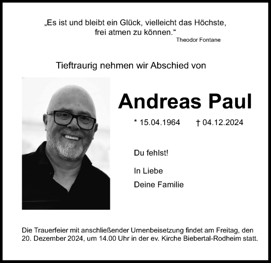 Traueranzeige von Andreas Paul von Giessener Allgemeine, Alsfelder Allgemeine