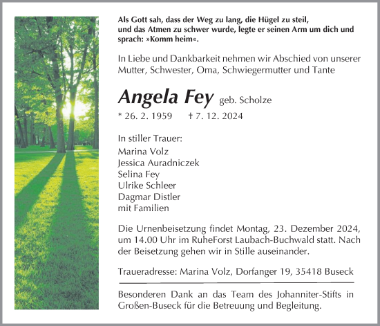 Traueranzeige von Angela Fey von Giessener Anzeiger, Laubacher Anzeiger