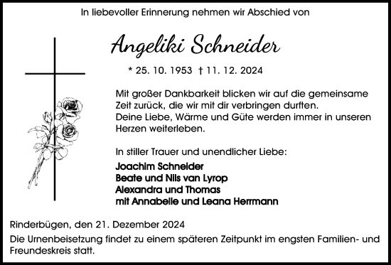 Traueranzeige von Angeliki Schneider von Kreis-Anzeiger