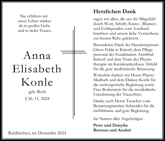 Traueranzeige von Anna Elisabeth Konle von Oberhessische Zeitung, Oberhessische Zeitung