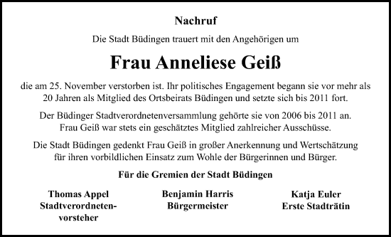 Traueranzeige von Anneliese Geiß von Kreis-Anzeiger