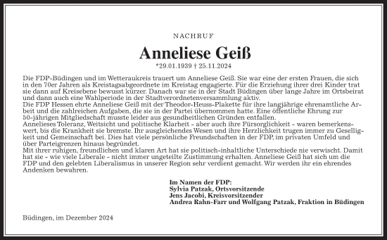 Traueranzeige von Anneliese Geiß von Kreis-Anzeiger