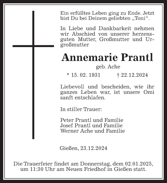 Traueranzeige von Annemarie Prantl von Giessener Allgemeine, Alsfelder Allgemeine, Wetterauer Zeitung