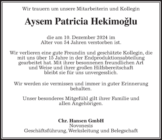 Traueranzeige von Aysem Patricia Hekimoglu von Giessener Allgemeine, Alsfelder Allgemeine, Giessener Allgemeine, Alsfelder Allgemeine
