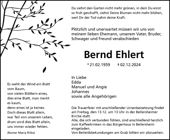 Traueranzeige von Bernd Ehlert von Licher Wochenblatt