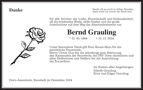 Traueranzeige von Bernd Graulin von Kreis-Anzeiger, Wetterauer Zeitung, Kreis-Anzeiger, Wetterauer Zeitung