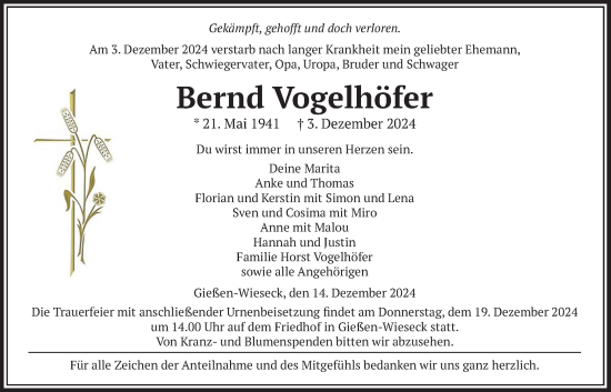 Traueranzeige von Bernd Vogelhöfer von Giessener Anzeiger, Giessener Allgemeine, Alsfelder Allgemeine