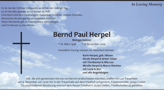 Traueranzeige von Bernd Paul Herpel von Giessener Allgemeine, Alsfelder Allgemeine