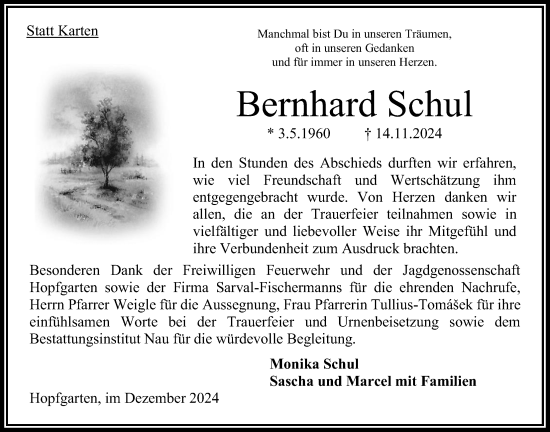 Traueranzeige von Bernhard Schul von Oberhessische Zeitung, Oberhessische Zeitung